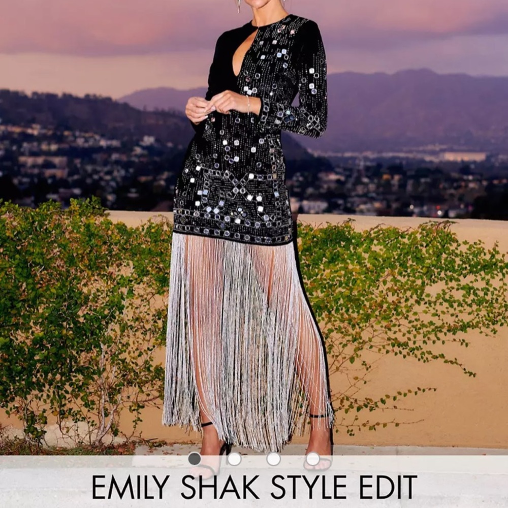 ASOS long sleeve velvet fringe midi dress